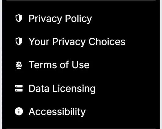 The bottom of the Menu: Privacy Policy, Your Privacy Choices, Terms of Use, Data Licensing and Accessibility